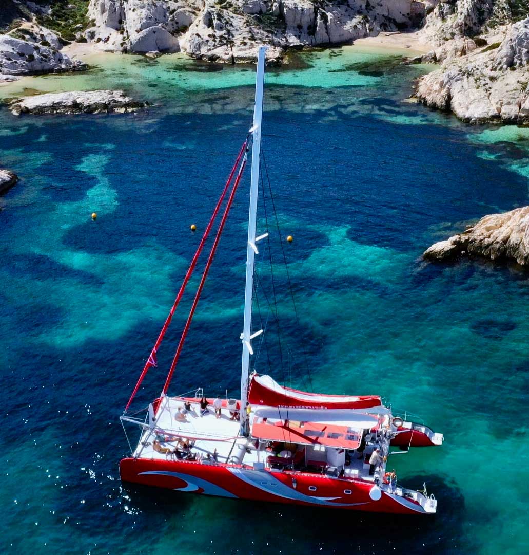 The Véla catamaran in the Calanques of Marseille