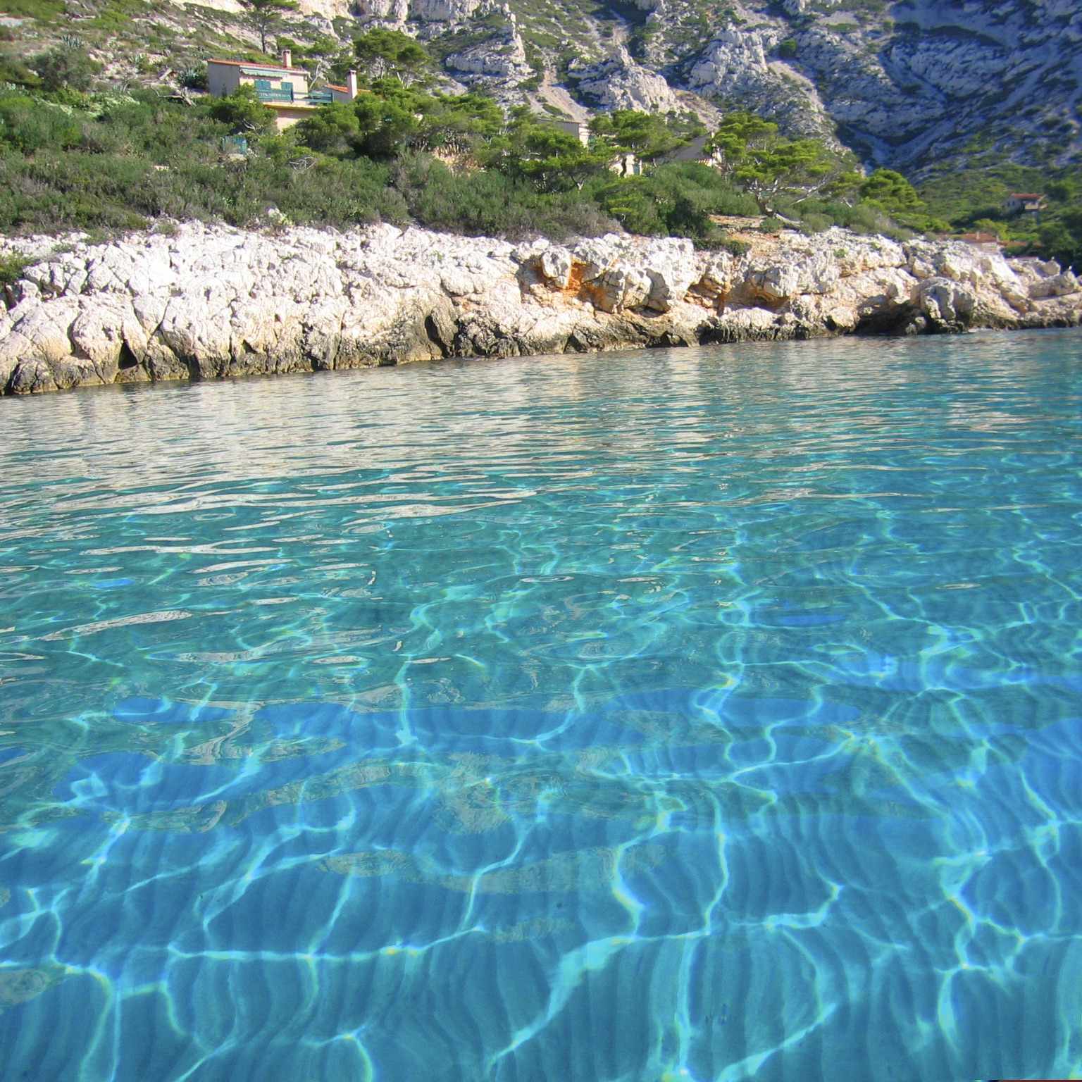Rocky shoreline and clear waters of the Sormiou calanque.